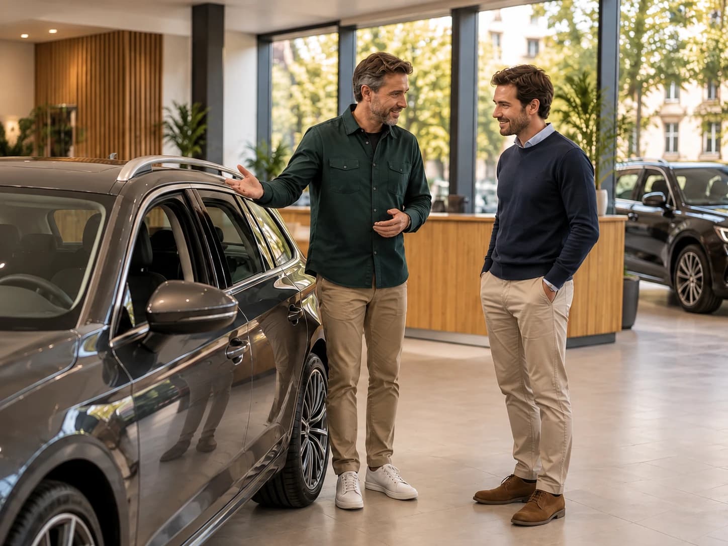 Un concessionnaire échange avec un client près d’une voiture dans un showroom lumineux